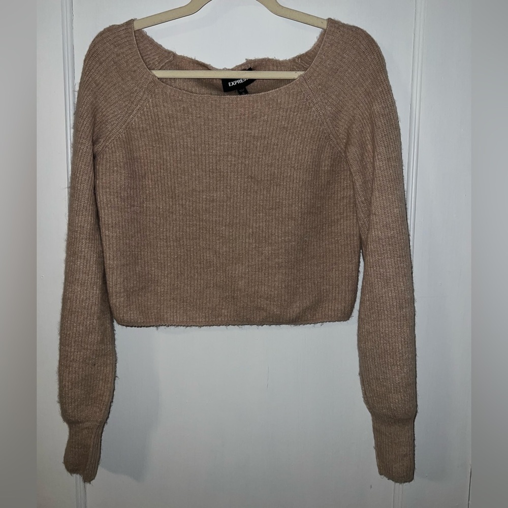 Express: tan sweater cropped off the shoulder